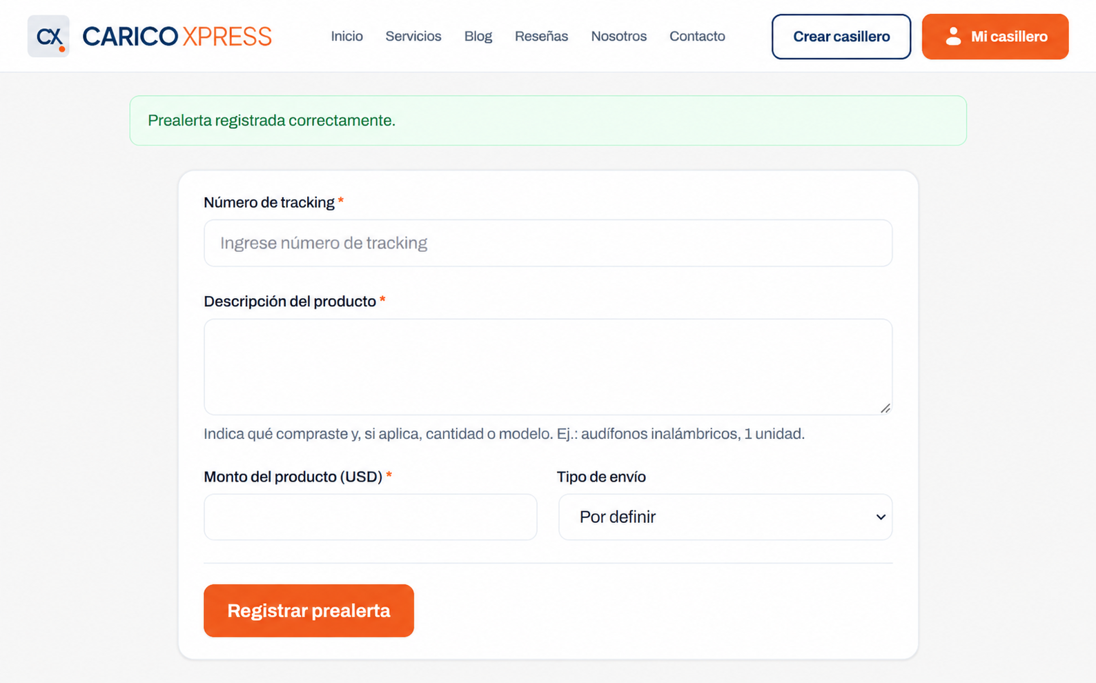 Formulario para registrar una prealerta en el área de cliente de CaricoXpress